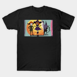 A Cartoon Witch, Ghost, and Bat Celebrating Halloween T-Shirt